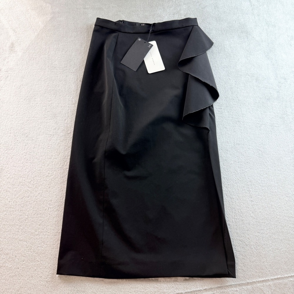 Zara Woman Size XS Black Ruffle Trim Midi Skirt NWT 7799/775/800